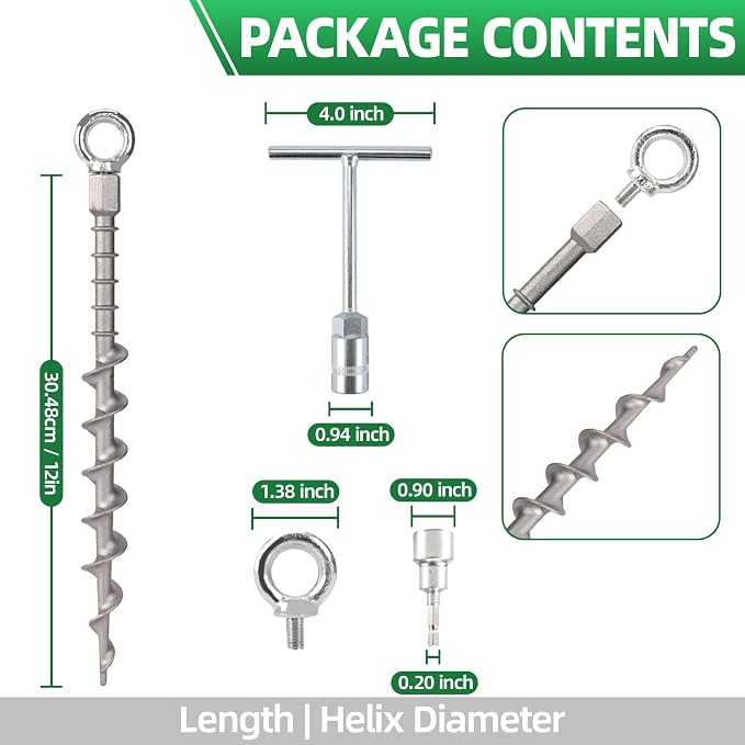 12 Pcs 12" Rustproof Aluminum Screw in Tent Stakes, Heavy Duty Ground Anchors with 8mm Adapter & Hooks, Durable Metal Stakes for Outdoor Camping, Tarp, Swing Sets, Lightweight & Strong Grip