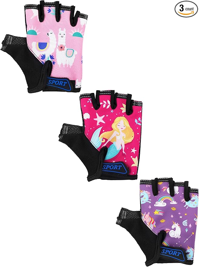 Boao 3 Pairs Kids Half Finger Bike Gloves Non-Slip Breathable Adjustable Birthday Gift for Boys Girls for Bike Workout