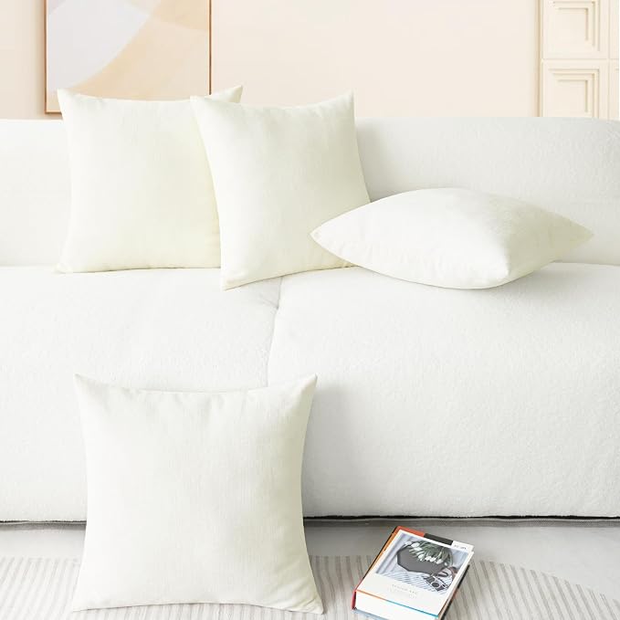 CaliTime Decorative Couch Throw Pillow Covers 18 X 18 Inches Cream | Pack of 4, Cozy Chenille Cushion Cases for Sofa Bed Living Room Farmhouse Home