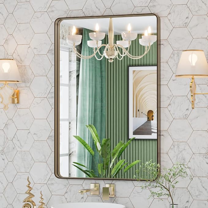 LOAAO 24"X32" Bronze Bathroom Mirror for Vanity | Rounded Rectangle, Brushed Bronze Metal Frame, Anti-Rust, Hangs Horizontally or Vertically
