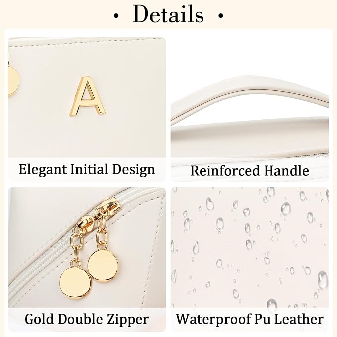 KKXIU Initial Makeup Bag for Women - Personalized Makeup Bag Gifts for Women, Travel Toiletry Bag with PU Leather, Open Flat Design with Top Handle, Cosmetic Bag Set with Multi-Pocket (Beige,A)