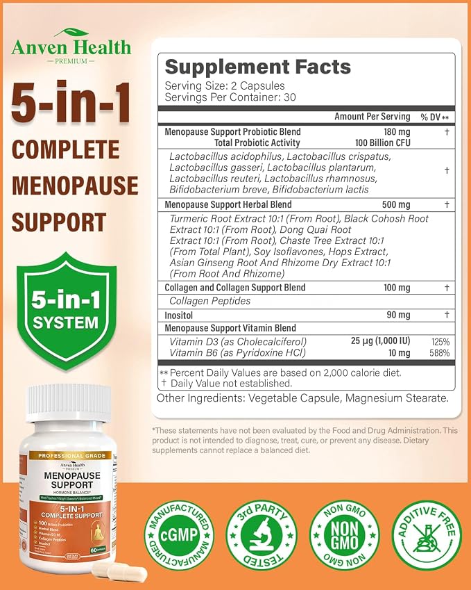 Menopause Supplements for Women 100 Billion CFU Probiotics | Vitamin D3 & B6, 100B Probiotics, Black Cohosh & Herbs, Collagen, Hot Flashes & Night Sweats Relief, pH Balance