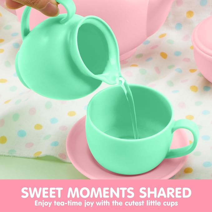 JOYIN 18PCS Pretend Tea Party Set, Plastic Tea Set, Mini Kitchen for Kids, Gifts for Toddler Boys Girls Ages 3 4 5 6 Years Old, Easter Birthday Gifts