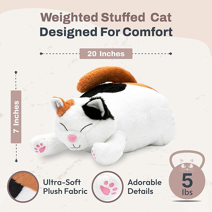 Weighted Stuffed Animals 20" | 5 lbs Calico Cat Plush for Calming Cozy Comfort | Large Weighted Stuffed Animal for Anxiety | Soft Microwavable & Coolable for Sensory Needs & Stress Relief
