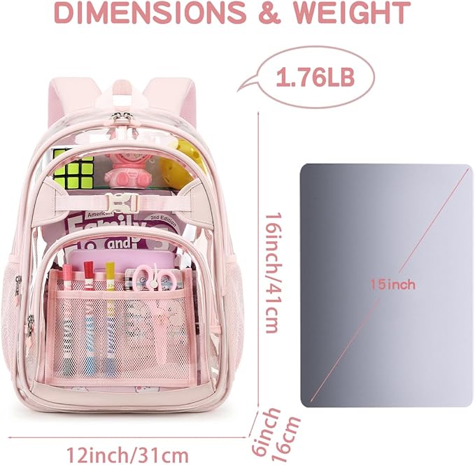 Cusangel Clear Backpack for Girls kids,Pink tpu Heavy Duty 16in Transparent Bookbag for School,Student children Bag Stadium Approved See Through Backpack,Stitch Bag durability