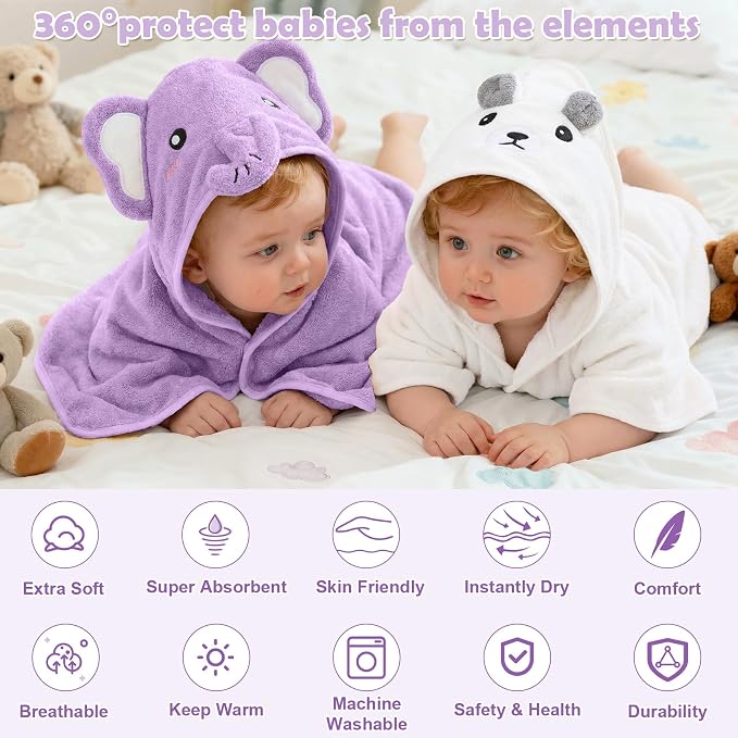12 PCS Baby Bath Towels Set for Infants Toddlers, 4 PCS Animal Hooded Baby Towels & 8 PCS Washcloths Set, Ultra Absorbent Newborn Bath Essentials Gifts for Boys & Girls