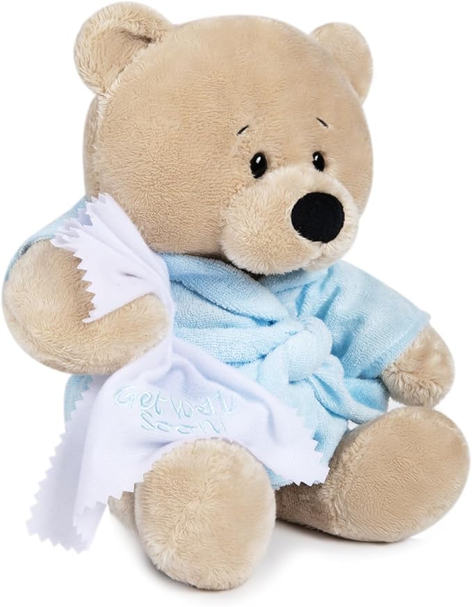My OLi 9" Teddy Bears Cloth Bear Stuffed Animal Plush Toys Bear Dressed in Bathrobe with Soothing Towel “Get Well Soon” Sleeping Soft Toy Bedtime Gifts for Baby Kids Girls Boys，Blue