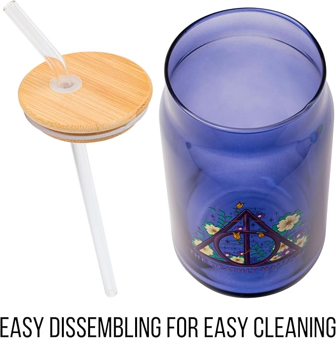 Silver Buffalo Harry Potter The Deathly Hallows Glass Tumbler with Bamboo Lid and Glass Straw, 16 Ounces