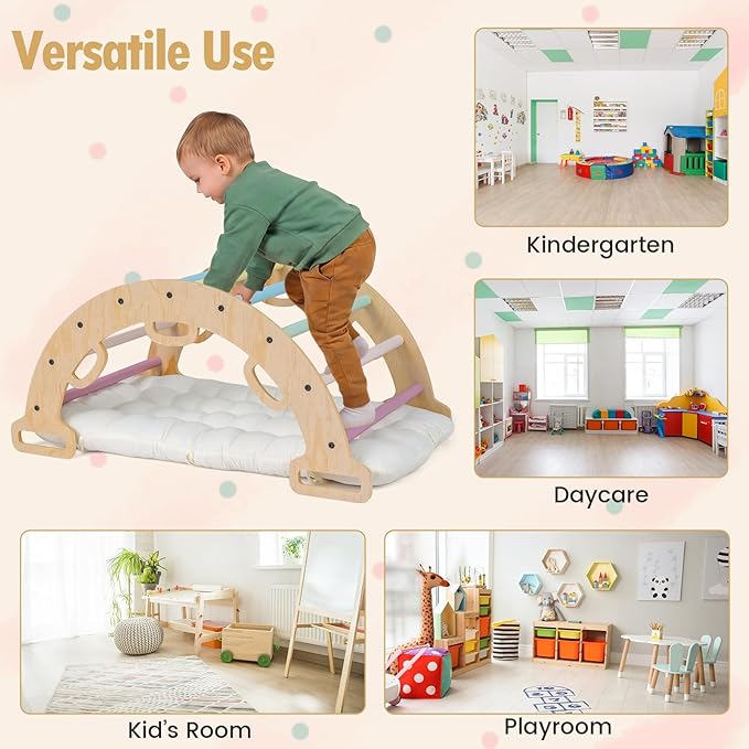 Costzon Wooden Rocking Climbing Arch w/Cushion, 3-in-1 Montessori Kids Climber Rocker for Toddlers, Playground Climbing Ladder Toy, Indoor Gym Learning Playset for Boys Girls Ages 1+ (Macaron)