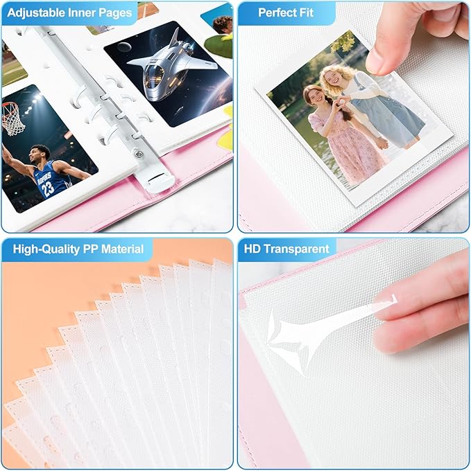 Refillable PU Leather Album A5 Photocard Binder with Adjustable Page,200 Pockets,Compatible with Fujifilm Instax Mini 12 11 9 40 99 90 8 7 Evo LiPlay,Polaroid Snap PIC-300 Z2300 Instant Cameras (Pink)