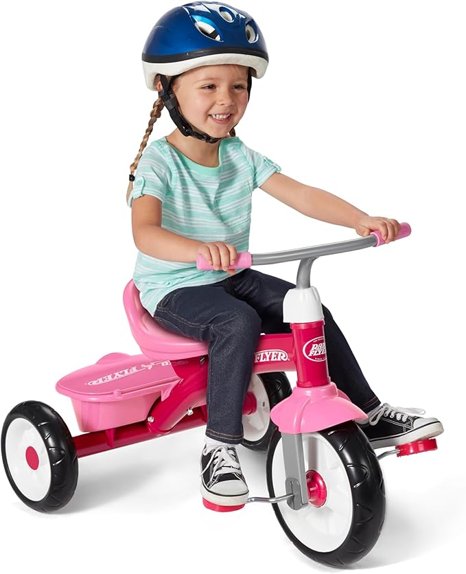 Radio Flyer Pink Rider Trike, for Ages 2.5-5, Adjustable Seat, Steel Construction, Quiet Ride Wheels, Covered Storage Bin, Comfort Grip Handlebars, Easy Carry Seat Handle, Tricycle for Toddlers