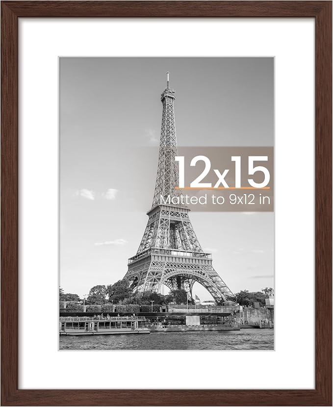 upsimples 12 x 15 Frame, Display Pictures 9x12 with Mat or 12x15 Without, Wall Hanging Photo Frame, Brown, 1 Pack