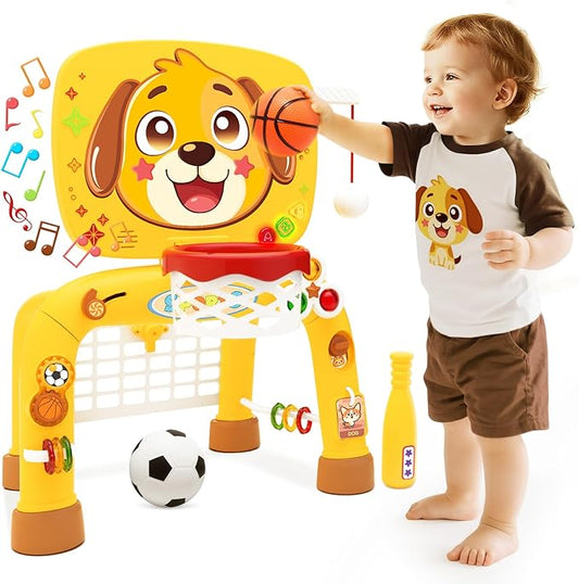 Toys for 1 Year Old Boy - Toddler Basketball Hoop & Soccer Goal & Baseball Activity Center with Light Sound Music, Puppy Montessori Sports Toy,Christmas Birthday Gift for Baby 12-18 Months,Dark Yellow