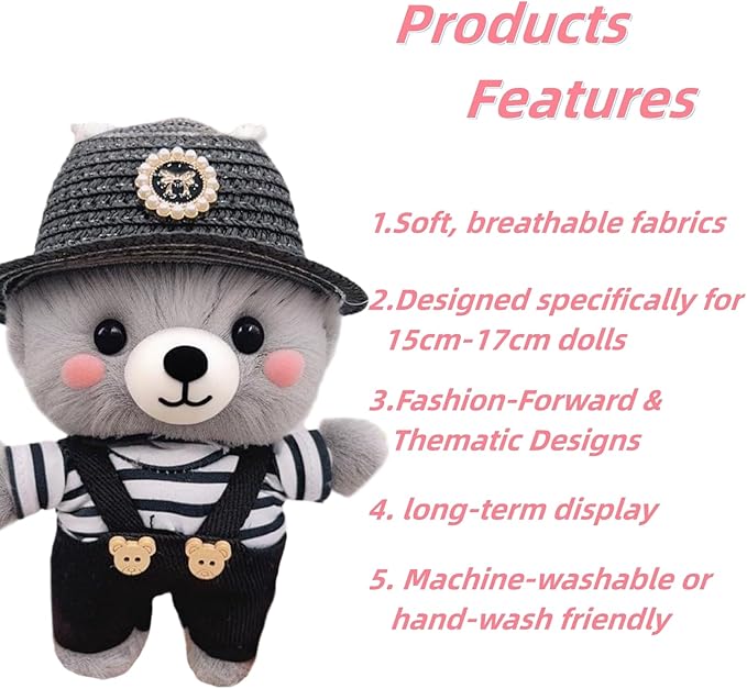 Doll Clothes for 17cm Figures,Black-and-White Striped Top Paired with Black Overalls and a Delicate Woven Hat