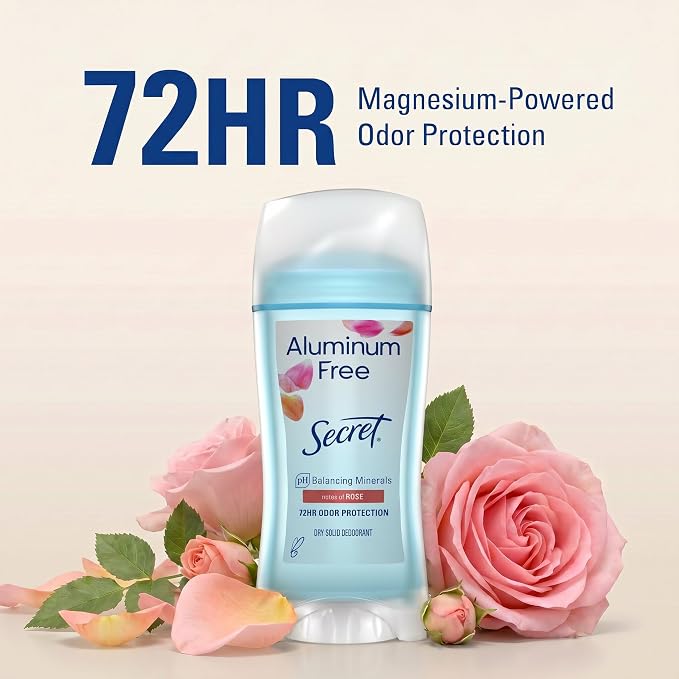 Secret Aluminum Free Deodorant for Women, 48hr Odor Protection, Free of Parabens Dyes Talc & Baking Soda, PH Balancing Minerals, Dry Solid, Rose Scent, 2.4 oz (Pack Of 3)