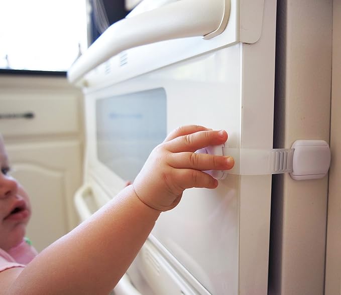 Baby Safety Locks | Child Proof Cabinets, Drawers, Appliances, Toilet Seat, Fridge and Oven | Tools Not Required | Uses 3M Adhesive with Adjustable Strap and Latch System (14-Pack, White)
