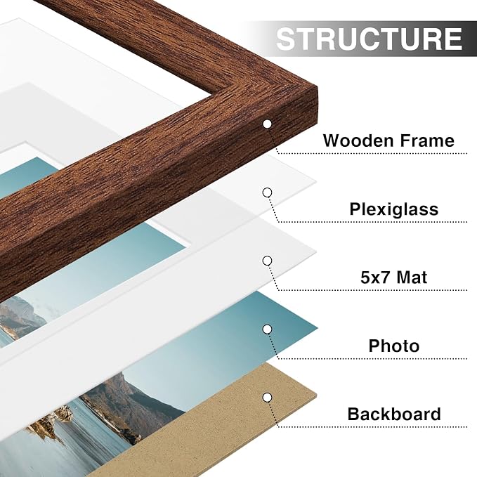 Vittanly 8x10 Picture Frames Set of 9, Wall & Tabletop, Wood Grain Brown | Display Pictures 5x7 with Mat or 8x10 without Mat, Small Photo Frames, Engineered Wood with Shatter Resistant Plexiglass