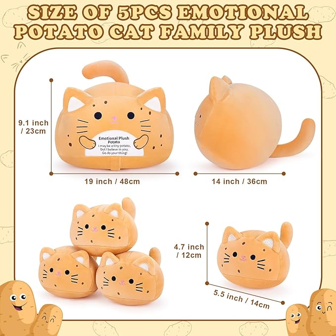 5 PCS Emotional Plush Potato Cat Stuffed Animal Family-19" Large Potato Cat Plush, Mommy Plushies with 4 Baby Kittens Plushies, Kawaii Pillow Christmas Birthday Gifts for Kids Boys Girls