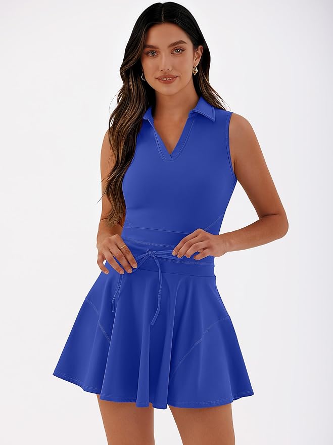 Caracilia Women's 2 Piece Tennis Dress Set-Polo Neck Sleeveless Mini Dresses with Shorts,Golf Casual Workout Athletic Sports
