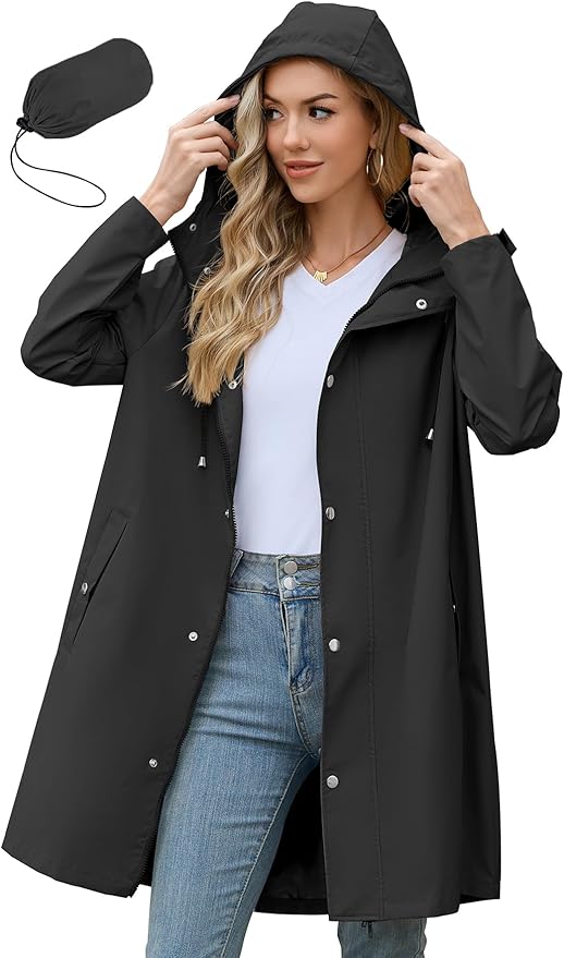 Zando Long Packable Rain Jacket Women Waterproof Raincoat with Hood | Relaxed-Fit Lightweight Windbreaker for Women; Travel Rain Coats for Commute, Hiking, Cruise, and Daily wear