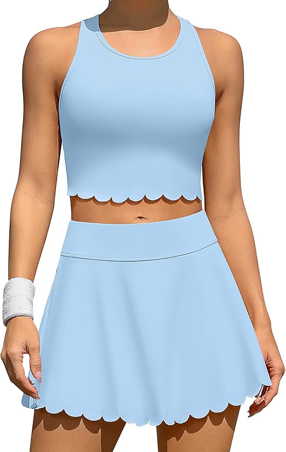 ATTRACO Tennis Outfits for Women Racerback Golf Dress Workout Dress | Athletic Skirt Set, Built-in Shorts, 2 Pockets, Scalloped, Racerback, High Waisted, Pickleball, Workout Set