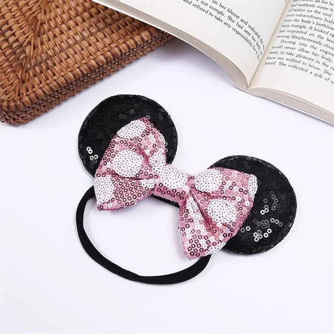 JIAHANG Mouse Ears Sequin Bow Hairband with Polka Dot, Hair Bow Nylon Headband, Soft Elastic Headwear for Baby Girl Newborn Party Supplies