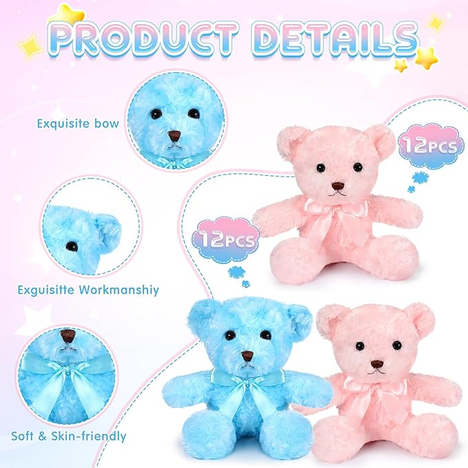 HyDren 24 Pcs Bear Bulk Plush Stuffed Animals 10 Inch Cute Soft Stuffed Bear with Green Bow for Baby Shower Birthday Gift Party (Pink, Blue)