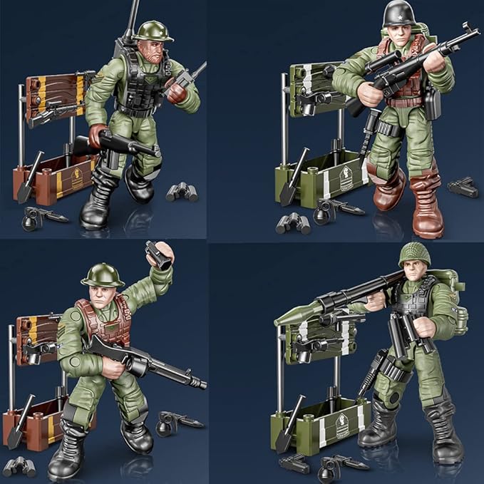 WWII Military Soldiers Action Figure with Weapons and Accessories Building Blocks Playset, 8 PCS 1:36 Scale Mini Army Men Figure, Multiple Movable Joints, Best Gift for Kids 8 9 10