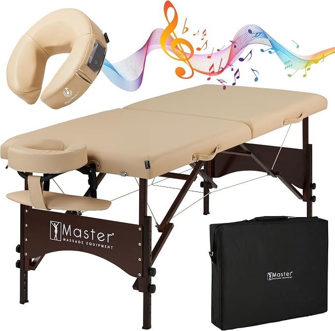 Master Massage 28" Argo Portable Massage Table with Extra Music Master Crescent Round High Fidelity Sound Face Cradle Cushion - Cream