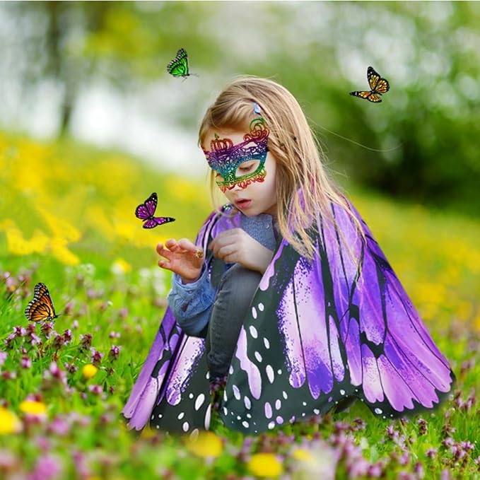 Kids Butterfly Wings Costume for Girls Fairy-Wings Toddler Dress Up Play Costumes Butterfly Skirt Set Mask Party Favors Gifts(Purple+skirt sets)
