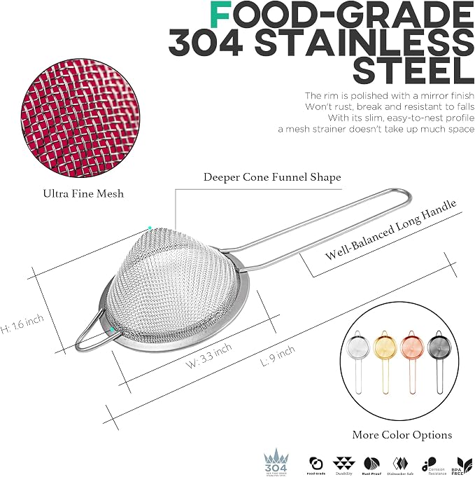Homestia 3.3" Fine Mesh Strainer for Kitchen, 304 Stainless Steel Cocktail Sieve Sifters For Food, Liquid Drink Strainers Cup for Tea, Rice, Oil, Noodles, Fruits, Vegetables (Silver)