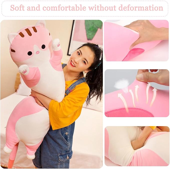Long Cat Plush Pillow Soft Cat Hugging Pillow Stuffed Animal Pillow Cute Kitty Throw Pillow Gift for Boys Girls(50cm/19.68inch,Pink