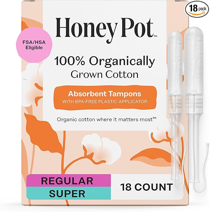 The Honey Pot Company - Multipack -100% Organic Cotton Core Tampons w/BPA-Free Plastic Applicator - Regular & Super Absorbency - Unscented - Feminine Care - 18 Count