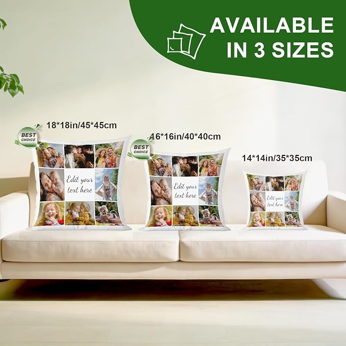 Bemaystar Custom Pillow with Picture & Text, Ships Next Day, Made in USA - Personalized Pillow Picture- Personalized Gifts for Mothers Day, Decorative Throw Pillow (No Insert)-8 Photos