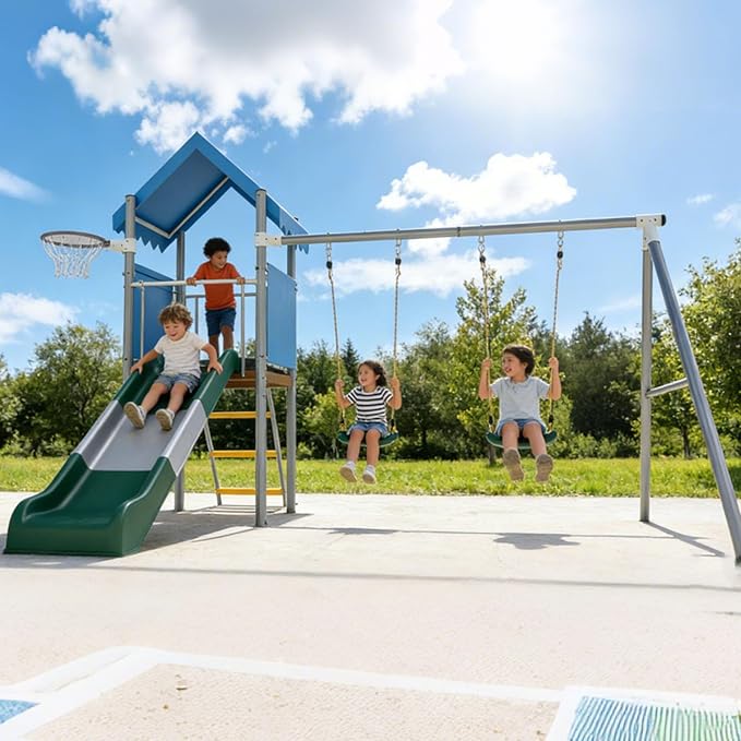 Heavy Duty Kids Outdoor Playset: Dual Swings, Slide & Basketball Hoop – Galvanized Steel, Safe & Durable – for Backyard/Garden – Blue
