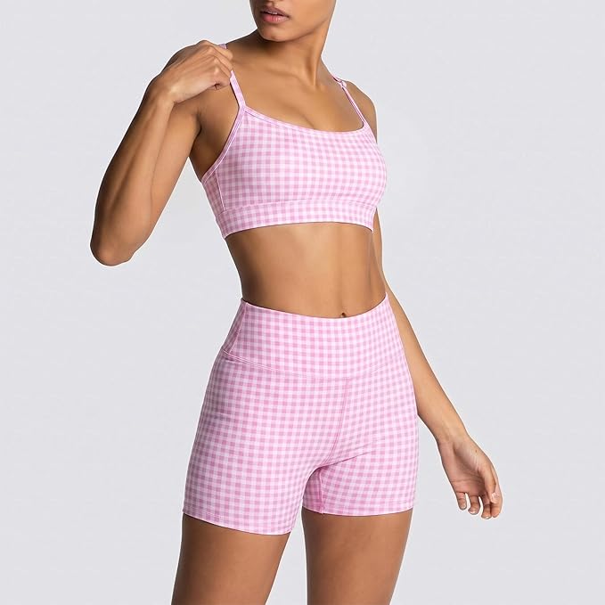 ABOCIW Workout Sets for Women 2 Piece Color Block Strappy Sports Bra High Waist Shorts Gym Yoga Pilates Outfits