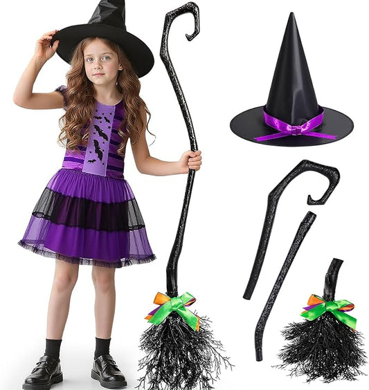 Witches Costume for Girls 3-8 6-12, Halloween Witches Dresses with Broom, Hat for Role Playing, Fairytale Halloween Party Birthday Gifts for Kids Toddlers Girls Age 3-5 5-8 8-12(XS)