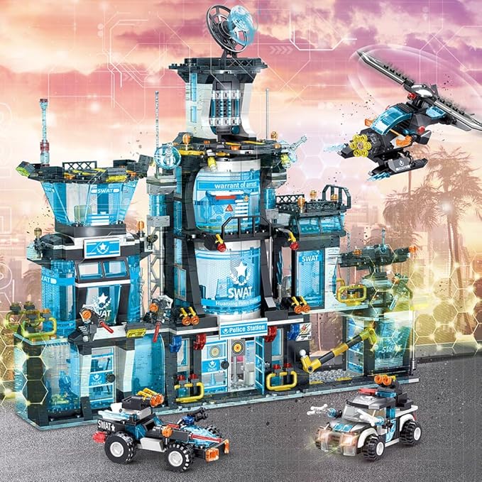 MindBox City Police Station Building Set with Police Car & Helicopter,1430pcs Building Block Toy for Boys 8-12