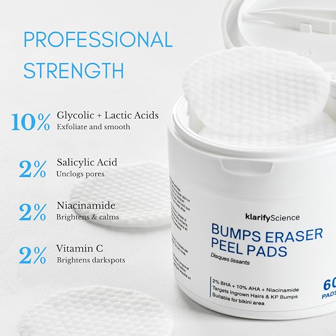 Ingrown Hair Pads for Face and Body - 12% AHA BHA Exfoliating Body Wipes with Glycolic Acid, Lactic Acid, & Salicylic Acid - Smooths Body Acne and Ingrown Hair- Fragrance-Free - 60pads