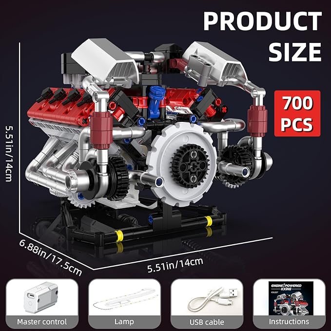 V8 Engine Building Blocks Kit That Run with LED Light and APP Control,Collectible Set for Adults,Car Engine Building Engineering STEM Projects for Kids Boys (700 Pcs)