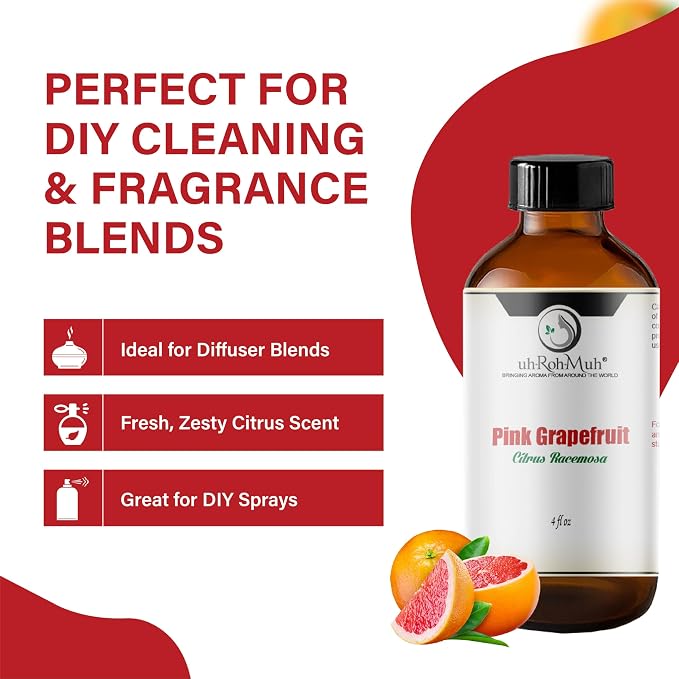 Pink Grapefruit Essential Oil Cold Pressed Citrus Paradisi Peel Oil Fresh Citrus Aroma Top Note Essential Oil for Aromatherapy Diffuser Skincare Haircare and Natural DIY Cosmetic Blends - 4 Fl oz