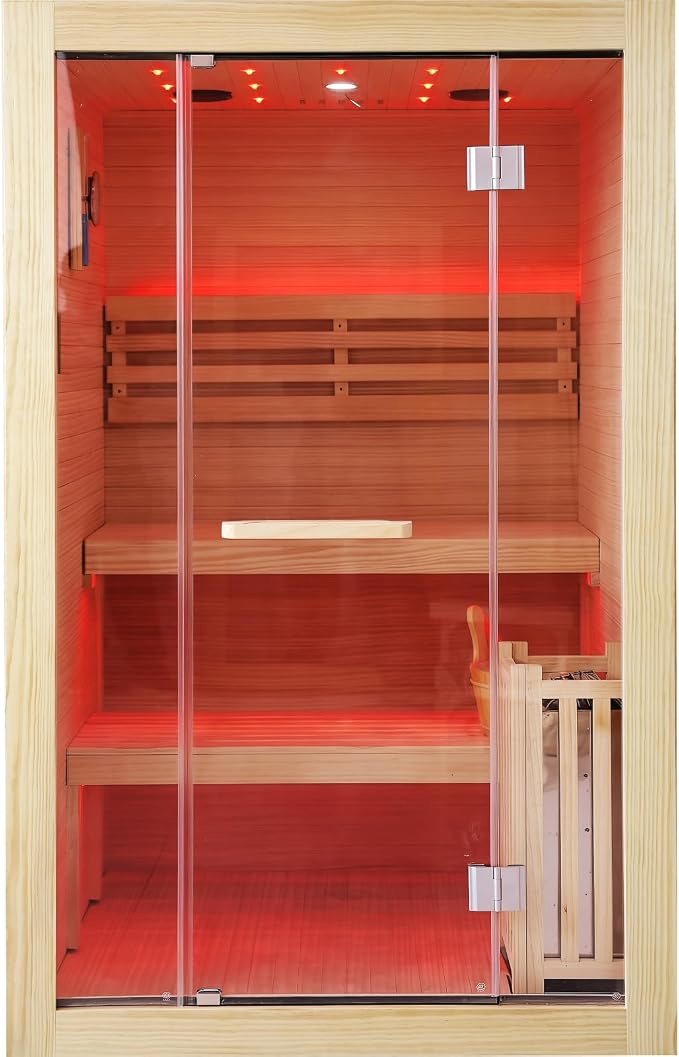 OUTEXER Steam Sauna Traditional Saunas Home Spa Room for 2-3 Person Wet Indoor Saunas 7 Color LED Lights with 240V 3KW Heater,Sauna Stone,Wooden Bucket,Spoon,Thermometer,Hourglass,Cup Holder