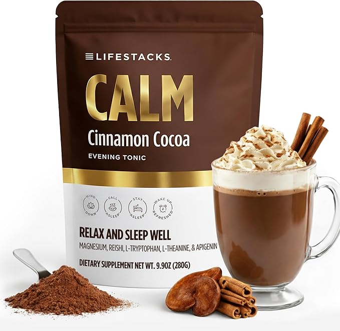 Calm Magnesium Hot Cocoa Sleep Aid - Melatonin-Free Nighttime Drink Mix with Reishi, L- Theanine, Chamomile & L-Tryptophan - Sleepy Hot Chocolate for Relaxation, Stress & Deep Rest - 20 Servings