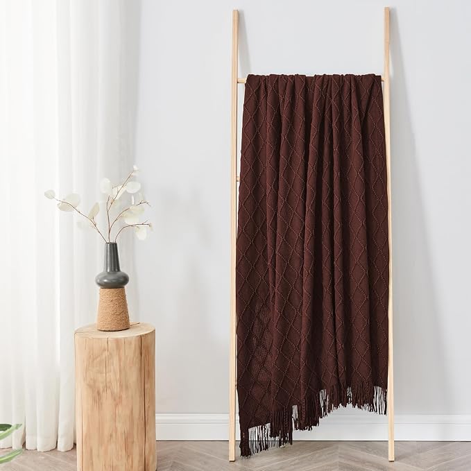inhand Diamond Brown Knitted Throw Blanket for Couch and Bed, 60"x80" | Soft Cozy Knit Blanket with Tassel, Lightweight Decorative Blankets and Throws, Farmhouse Warm Woven for Men and Women