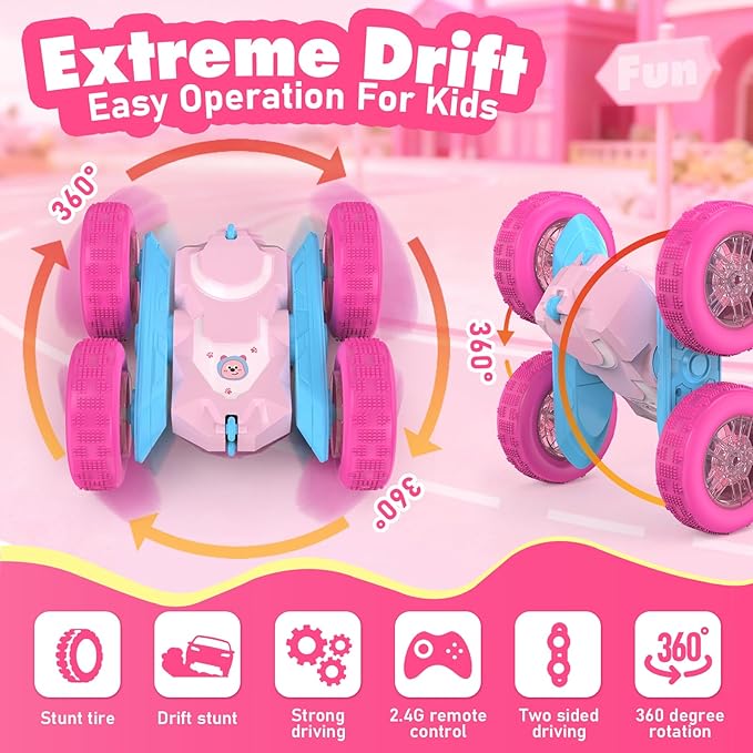 NQD Pink Remote Control Car for Girls, 360° Spin Flip RC Stunt Car with Flashing Wheel Lights 2 Batteries, Double Sided 4WD Off-Road RC Toy Gift for Girls Xmas Birthday