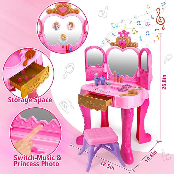Toddler Vanity Magic Makeup Set Table and Chair Girl Toy Automatically Mirror with Music Light Pink Toys for 2 3 4 5 Year Old Girls Hair Salon Pretend Play Princess Dress Up Playset Gift Toddler 1-3