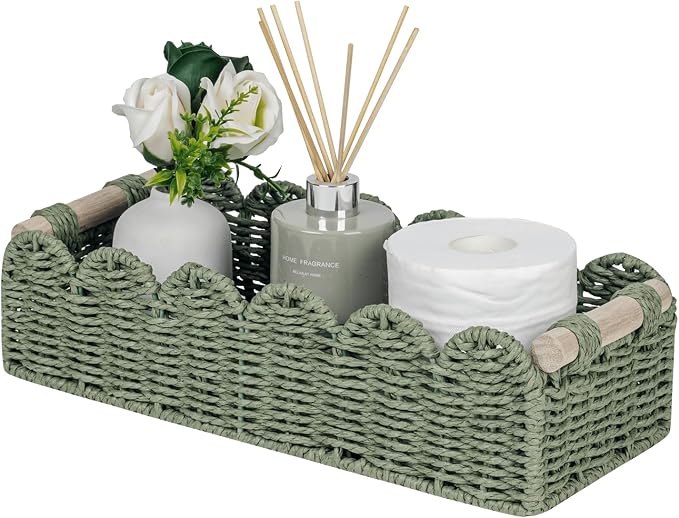 CubesLand Scalloped Toilet Paper Storage Basket W/Handle for Home Decor | Paper Rope Toilet Organizer Basket for Countertop, Over Toilet Shelf, End Table, Living Room Cozy Decorative & More, Green