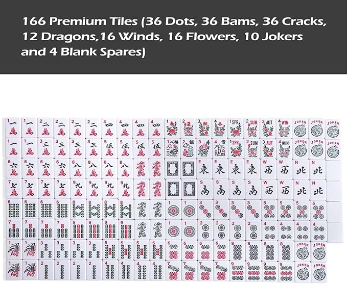 American Mahjong Game Set, 166 Quality White Tiles, 4 All-in-One Color Rack/Pushers, Complete Mahiong Tile Set Black Printed Carrying Bag