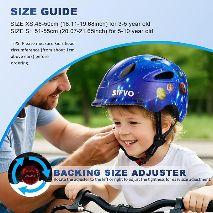 Kids Bike Helmet with LED Light, SIFVO Youth Toddler Boys Girls Helmets,2 Size Adjustable for Ages 3-5-10,Multi-Sport for Bicycle, Scooter, Skateboard,46-55cm