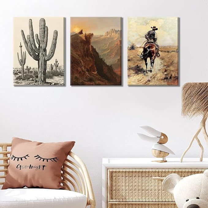 Western Cowboy Wall Art Set of 3, Vintage Southwestern Wall Decor Painting, Western Ranch Desert Farmhouse Poster Canvas Prints Aesthetic Pictures for Bathroom Bedroom Living Room Framed 16x24 inch
